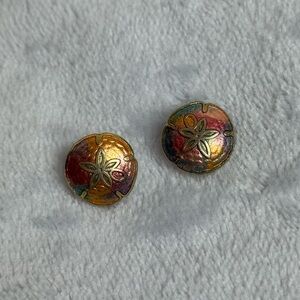 Vintage Cloisonné Enamel Gold-Tone Sand Dollar Button Earrings